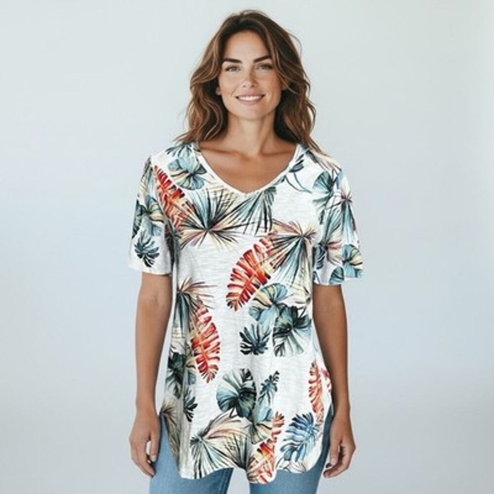 Chico's 0 White Multicolor Palm Frond V-neck High Low T-shirt Top Small NWOT